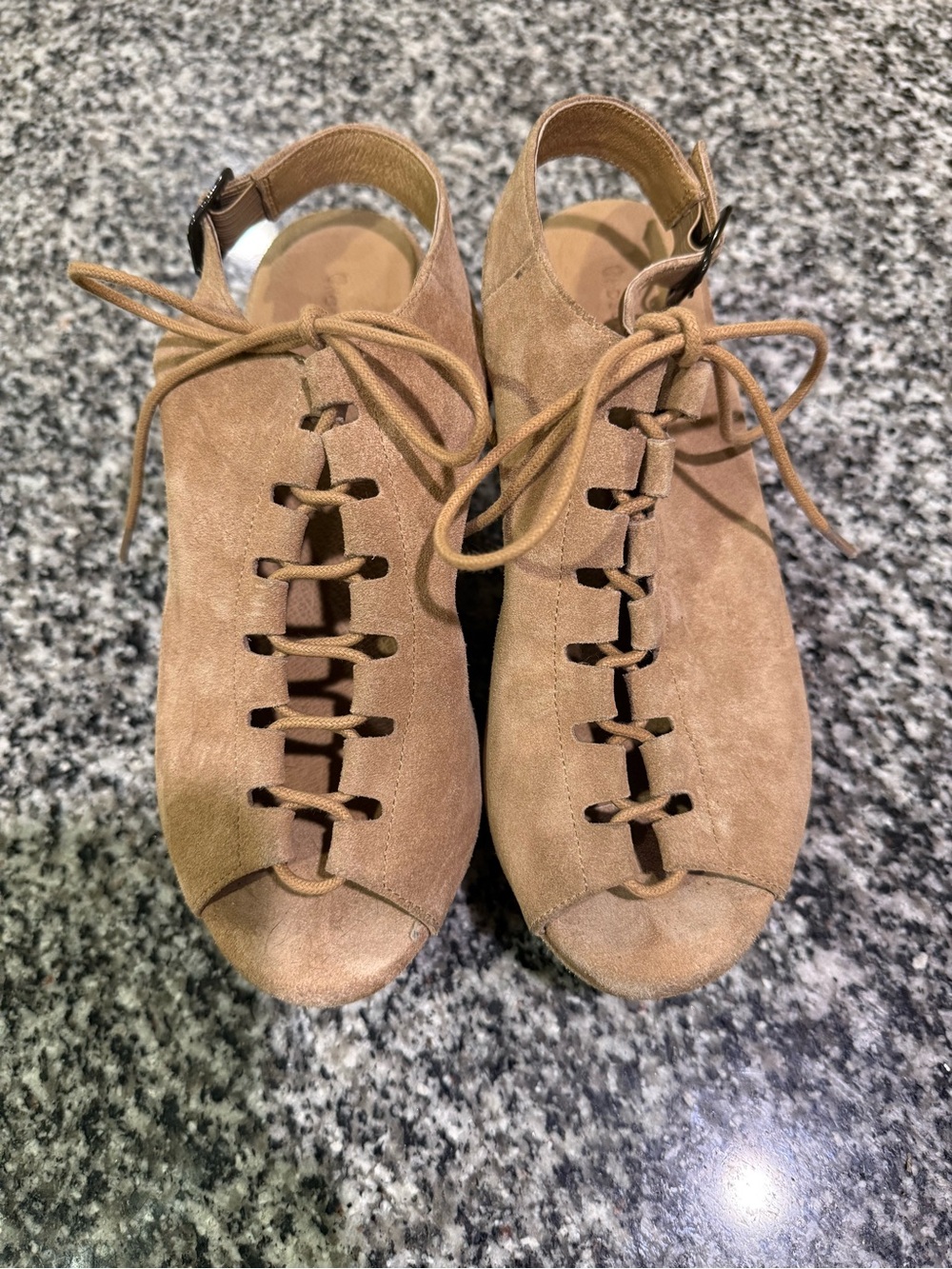 Chocolat Blu Suede Lace-Up Open-Toe Heels in Tan